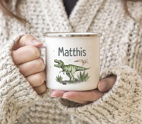 SpecialMe® Kinder-Tasse Emaille Dino mit Namen personalisiert Dinosaurier T-Rex Namenstasse individuelle Geschenke Emaille-weiss-silber… – Ansicht 5