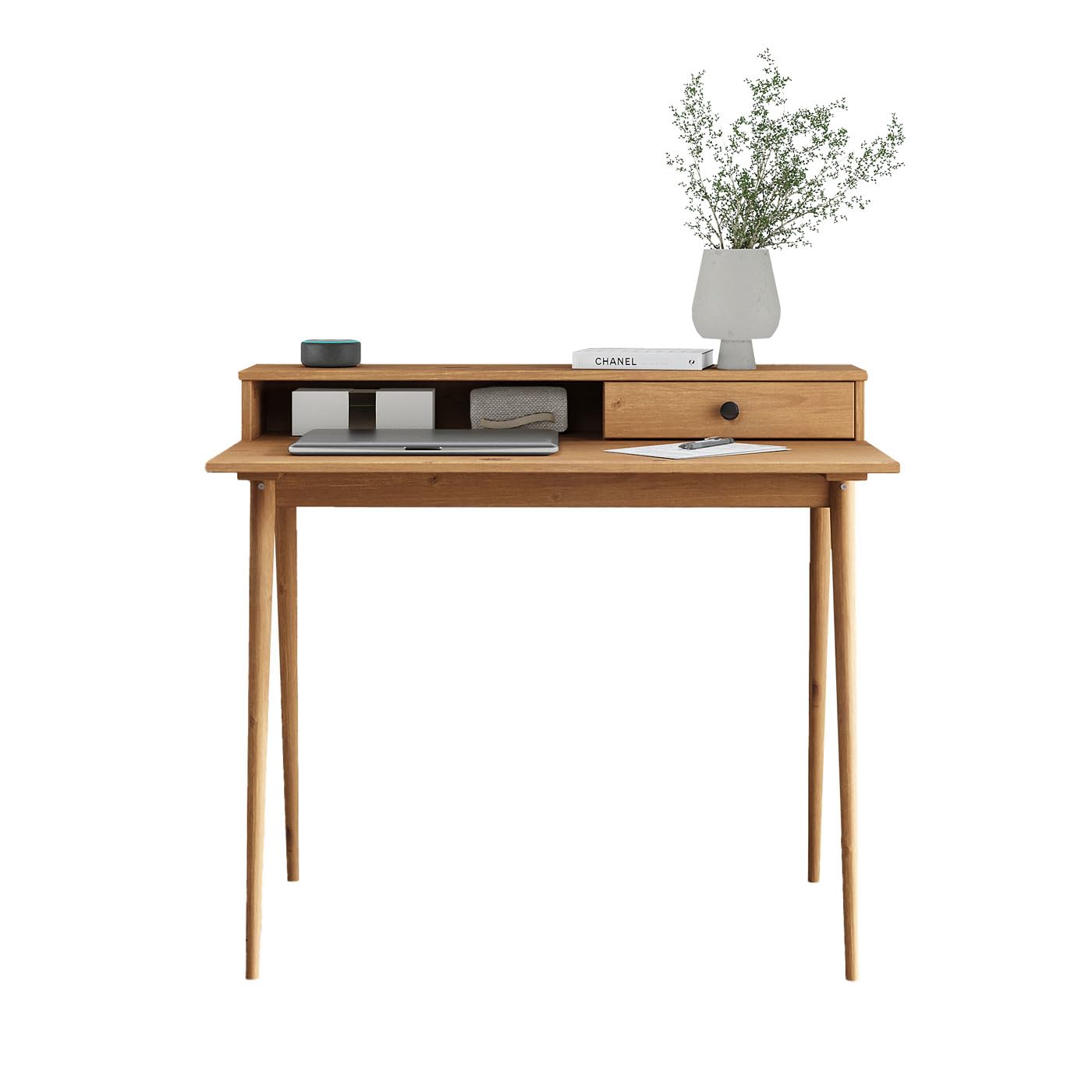 IDIMEX Schreibtisch Malina mit Aufsatz & Schublade aus Kiefer Massivholz, Eiche Farben- Bürotisch mit Stauraum & konischen Beinen, Stabiler PC-Tisch aus robusten Materialien