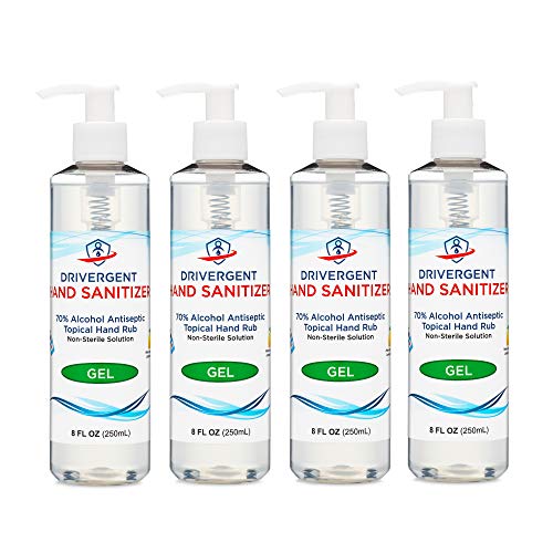Drivergent Hand Sanitizer, 70% Alcohol Gel, 8oz Pump Bottle (Pack of 4), lemon scent