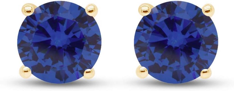Birthstone Stud Earrings for Women, 5mm Round Simulated Gemstone Studs in 14K Yellow Gold Plated 925 Sterling Silver Push Back Earrings, Jewelry Gift for Her (1 Ctw)