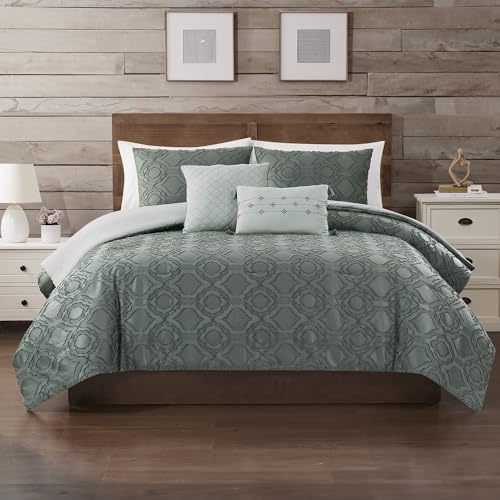 Image of Modern Threads 5-Piece Jacquard Comforter Set, Samson Queen in Ivy Green - Elegant Comforter, 2 Pillow Shams, and 2 Decorative Pillows