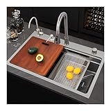 Graues Wasserfall-Küchenspülen-Set, Haushaltsspüle, Schiebe- und Speiseküchenarbeitsplatz, Nano-Spüle aus Edelstahl, mit herausziehbarem Wasserhahn und Glasspüler