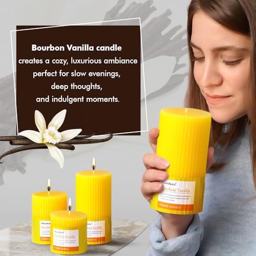 Image of ASIAN AURA Ribbed Pillar Candles - Pack of 3 | Scented Candles for Home Decor, Gifting & Festive Use | Long Burn time up to 36hrs | Clean-Burning Wax & Smokeless Flame (Bourbon Vanilla)