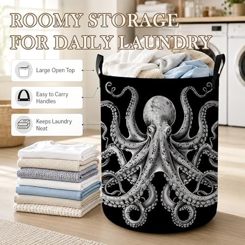 Image of Vintage Octopus Laundry Basket, Foldable Oxford Cloth Ocean Nautical Laundry Hamper with Handles, Tote Bag Clothes Storage Bucket for Laundry Room /Bathroom /Bedroom /Dormitories 20.8 inchx16 inch