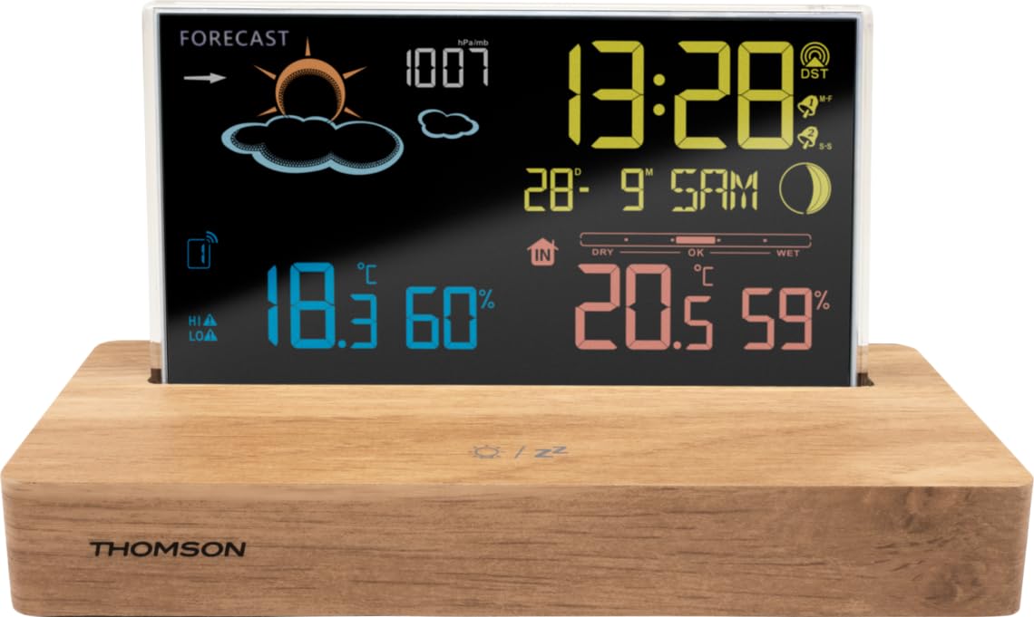 Réveil station météo - THOMSON - Bois foncé - Affichage température, Hygrométrie, Double alarme, USB-C, Sonde sans fil