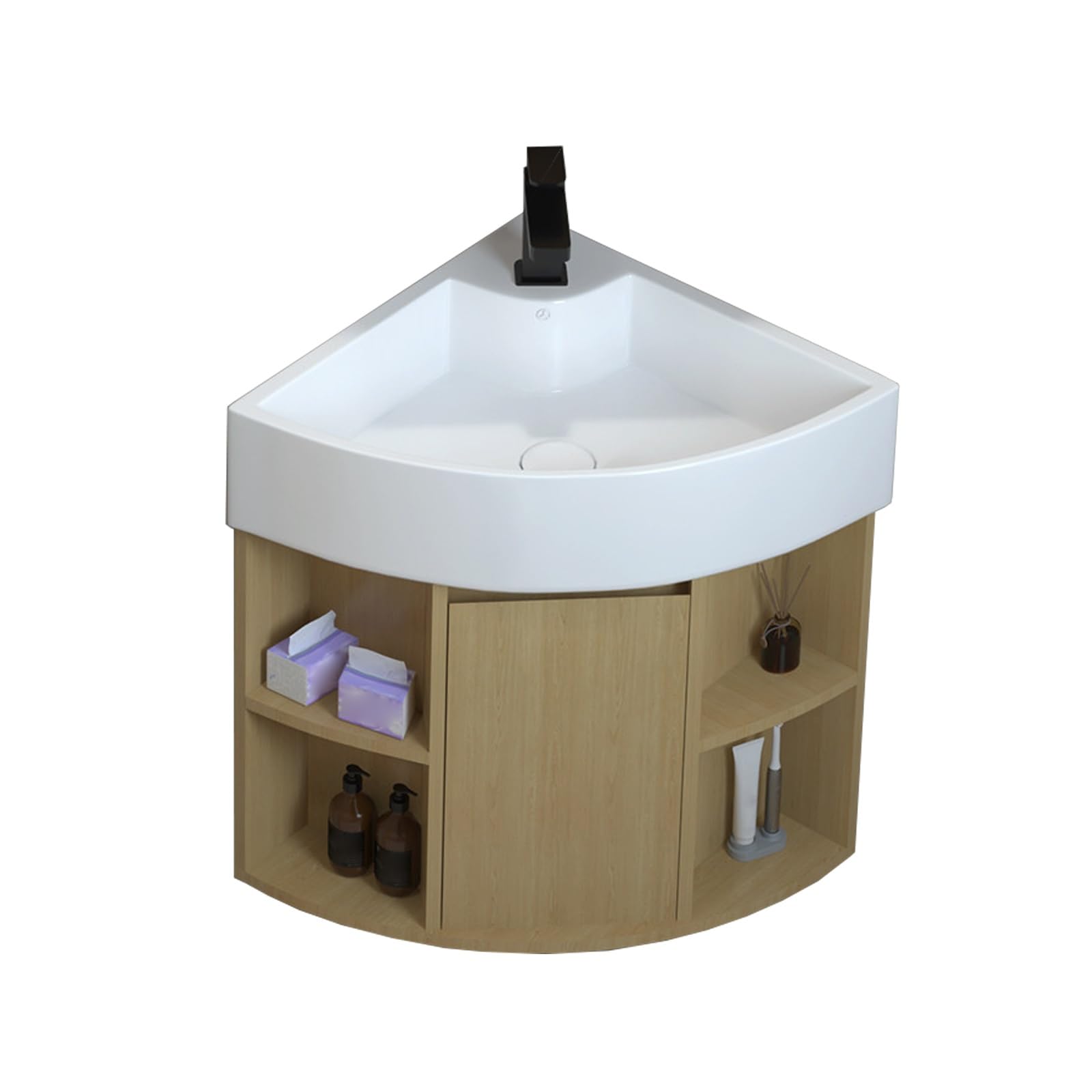 Évier de salle de bain d'angle pour petite pièce, lavabo avec rangement en bois
