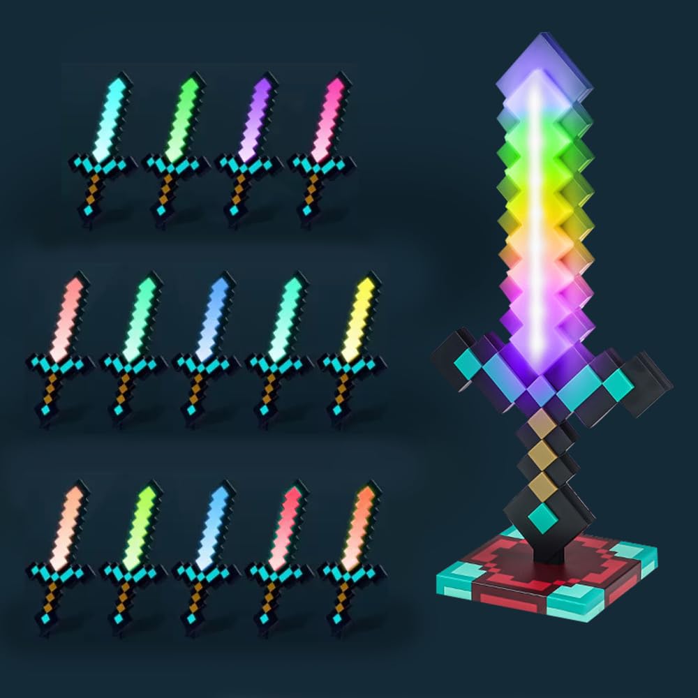 Lotvic Diamant-Schwert Lampe mit Ladestation, 39 cm Diamantschwert Licht mit 14 Farben Lichtmodi, USB Wiederaufladbar Pixel Schwert, Diamantschwert-Spielzeug für Gamer-Raum-Dekor & Sammlerstück