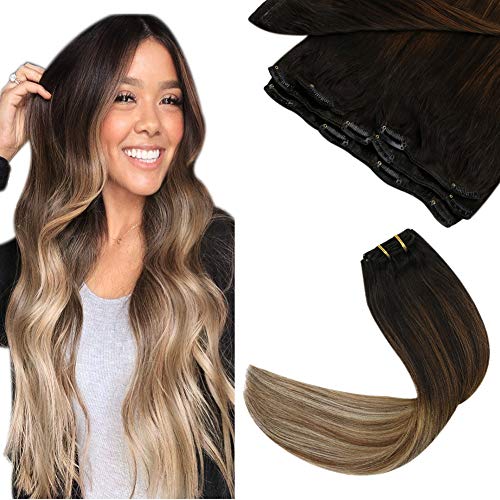 JoYoung Remy Human Hair Clip Extensions Full Head Set 7pcs Balayage Clip in Real Hair Extensions 16inch Double Weft Clip on Human Hair Extensions Darkest Brown to Light Brown with Blonde 120g