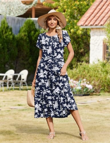 Image of Zeagoo Women Summer Midi A Line Dress Short Sleeve Casual Flowy Tiered Beach Long Sundress with Pockets 2026 Vacation Travel