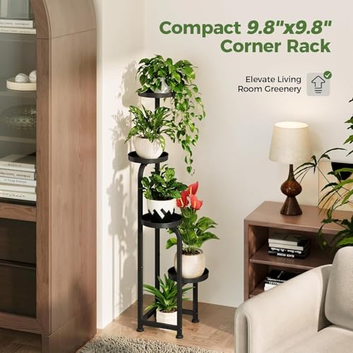 Image of Snazzy Tall Plant Stand Indoor Outdoor, Corner Metal Flower Pot Stands for Multiple Plants, 4 Tier Heavy Duty Plant Shelf for Patio Garden Balcony Living Room Bedroom