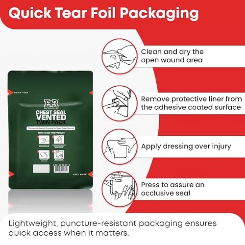 Image of Ever Ready First Aid Vented Chest Seal with Quick Tear - 6.6 inch Square Occlusive Adhesive Dressing for Open Chest Wounds - 2-Pack (4-Counts)
