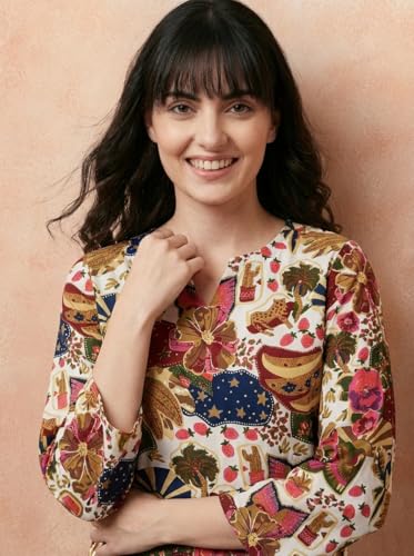 Image of Bee M Pee Designer Trendy Floral Printed Poly Rayon Cotton Kurta Coord Sets for Women | Stylish Casual Kurti Tunic Cord Set with Pant for Woman for Office