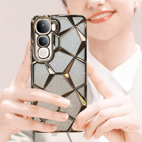 Image of VONZEE Gradient Glitter Case for VIVO Y400, Luxury Electroplated 3D Cube, Diamond Bling Shiny Soft TPU Clear Shockproof Women Girls Protective Phone Cover (Gold)