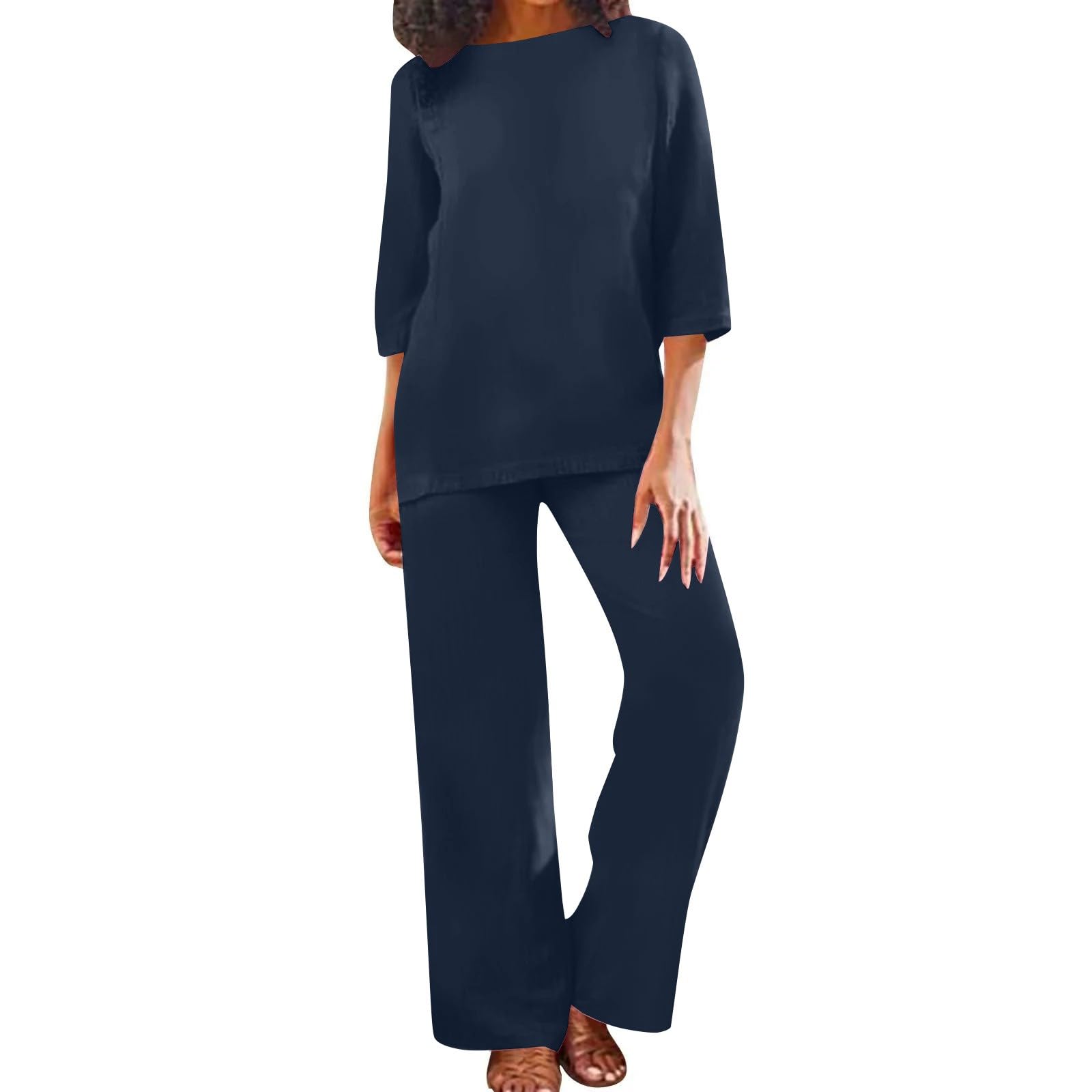 Completo Donna 2 Pezzi Top a Maniche Corte/Lunghe e Pantaloni con Tasche Elegante Completi Casual Estivo da Casa Tuta Donna Palestra per Vacanze al Mare
