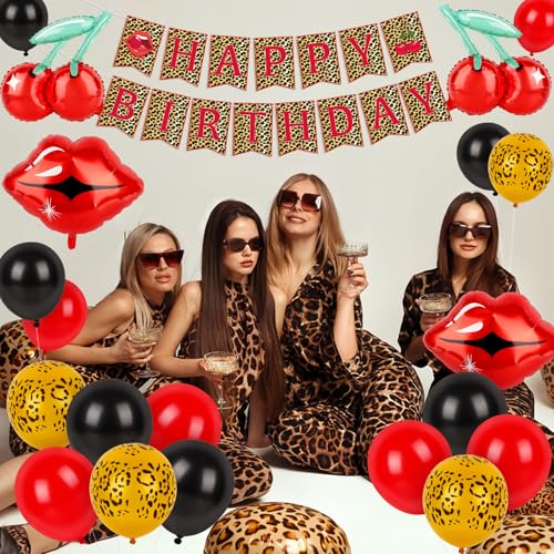 Image of Cheetah Cherry Birthday Decorations Leopard Happy Birthday Banner with Cherry Red Lips Cheetah Print Red Black Balloons for Girls Women Birthday Party Decor Supplies