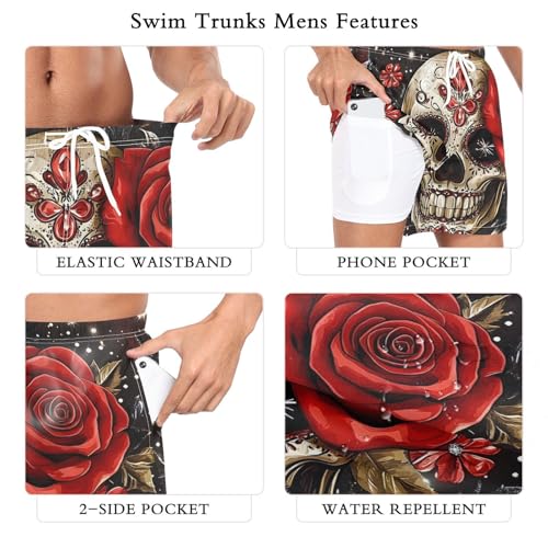 Mens Swim Trunks with Liner, Skull Red Rose Gothic Cool Quick Dry Beach Swim Shorts, Swimwear Bathing Suits S3