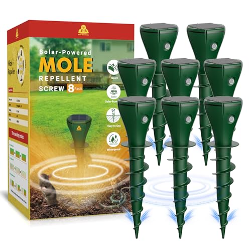Solar Powered Mole Repellent for Lawns 8 Packs Ultrasonic Vole Repeller Outdoor IP 65 Waterproof Outdoor Ultrasonic Mole Deterrent Get Rid of Gopher Vole Skunk Groundhog Snake in Garden Yard Lawn