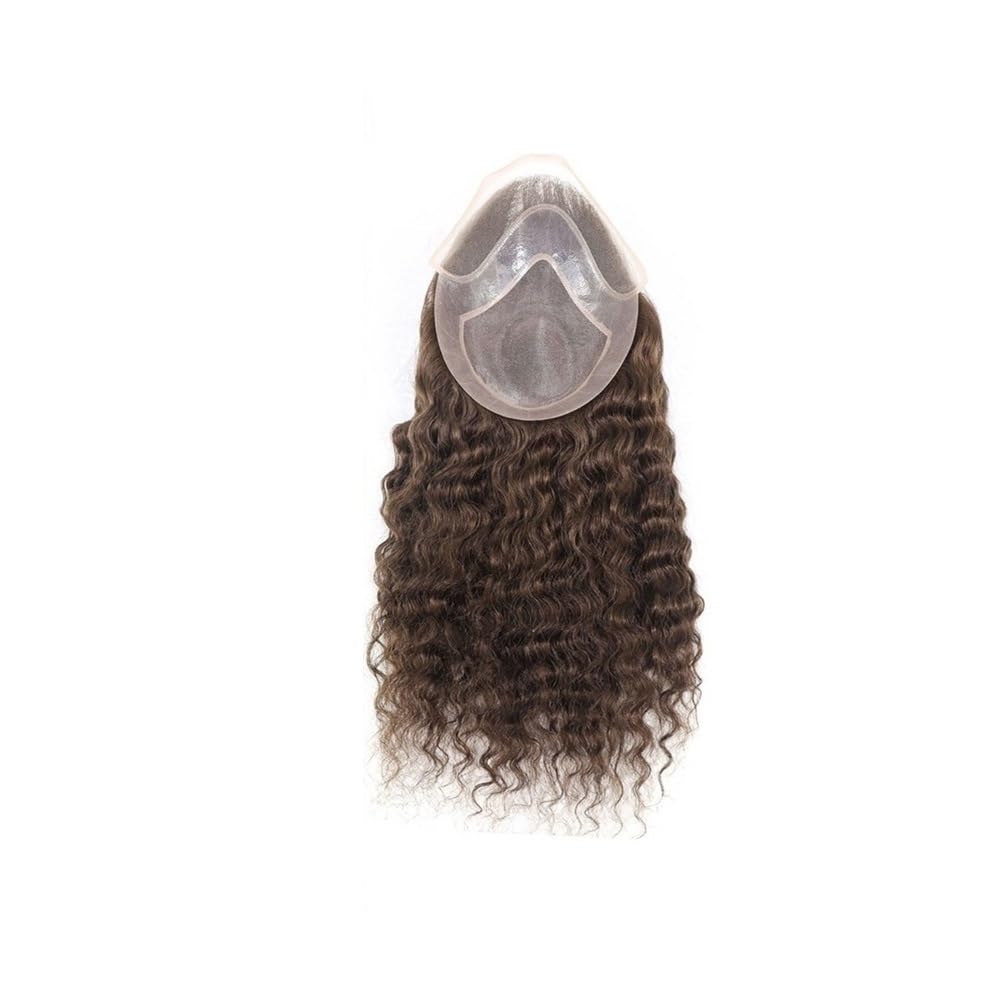 Mens Wig Sistemi di toupet da uomo con pizzo frontale in PU intorno alla base, 12, 14, 16 pollici, capelli umani ricci, n. 4, castano medio Toupee for Men(16 inches)