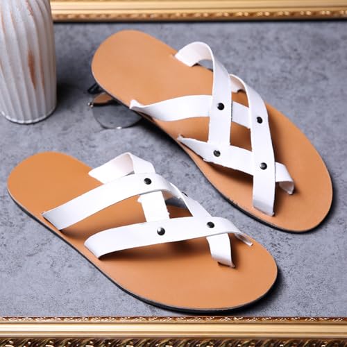 Men's Leather Toe Ring Flat Roman Sandals Fashion Breathable Round Open Toe Cross Strap Slip-On Clip-Toe Non-Slip Beach Sandals Comfortable Walking Flat Sandals2