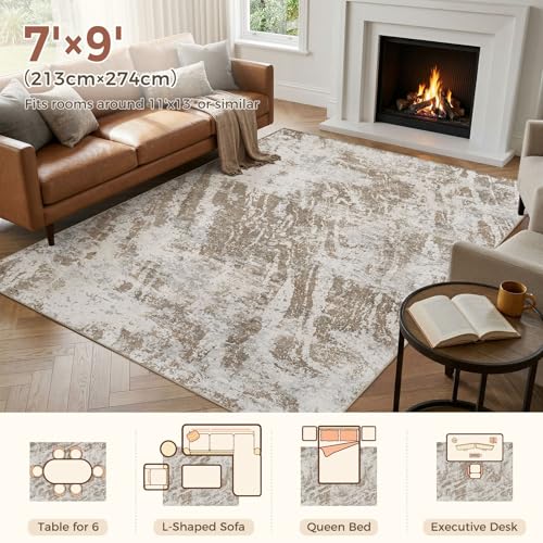 Image of DMOYEST 7x9 Washable Area Rug: Abstract Modern Non-Slip Carpet, Soft Low Pile Indoor Neutral Easy Clean Floor Rugs for Living Room Bedroom Dining Room Kids & Pets - Brown