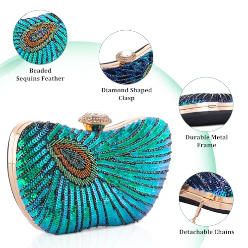 Image of Peacock Evening Handbag Beaded Sequin Clutch Purses for Women Party