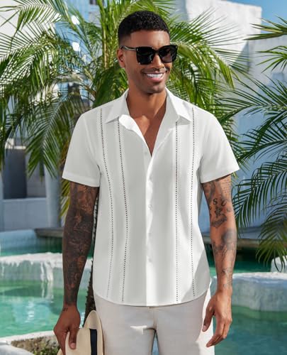 DEMEANOR Mens Linen Short Sleeve Shirt Cuban Guayabera Button Down Casual Summer Beach Vacation Wedding Shirt3