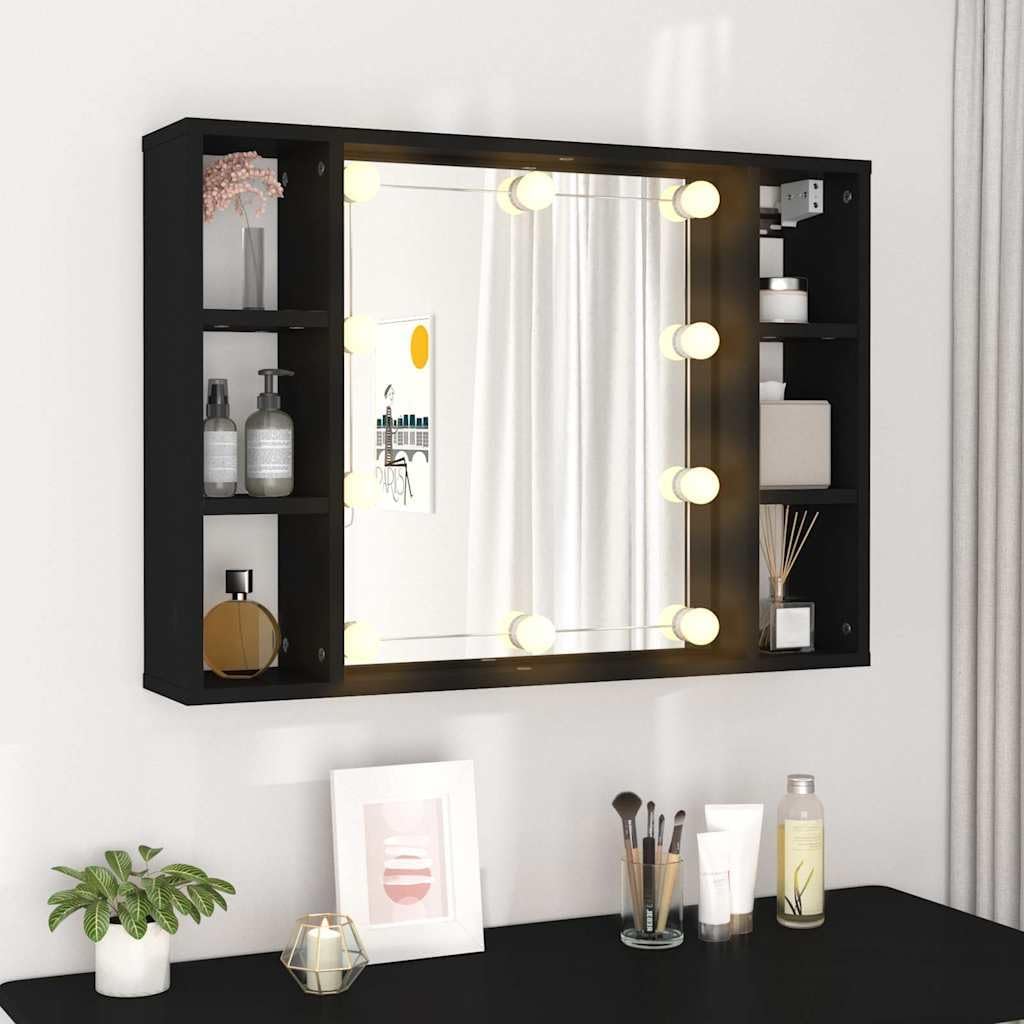 Modern Black LED Mirror Cabinet with Integrated Lighting and Six Spacious Compartments for Organized Storage in Bathroom or Bedroom
