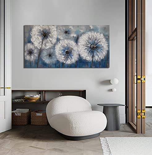 Image of Dandelion Wall Art Blue Large Picture for Living Room Canvas Art Wall Decor Above Bed White Flower Artwork for Walls Wall Paintings Modern Art Aall Decor Framed Wall Art for Bedroom 29x58IN