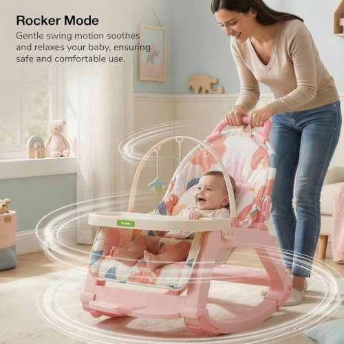 Image of Baybee Baby Rocker & Bouncer Chair for 0-3 Years | Baby Feeding Chair with Push Rocker Mode, Adjustable Canopy, Hanging Toys, 360 Wheels & 3-Point Safety Belt (Pink)