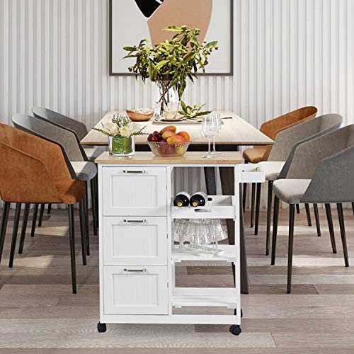 NSdirect Kitchen Island Cart,Industrial Kitchen Bar&Serving Cart Rolling Utility Storage Cart with 3-Tier Wine Rack Shelves&Three Storage Drawers,Soild Rubber Wood Top - Thumbnail 5