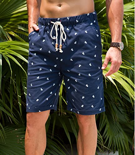 Janmid Men's Linen Short Casual Drawstring Summer Beach Floral Shorts For Men Navy Pineapple L #TOP2
