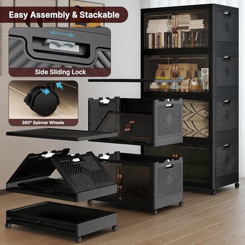 Image of UAMFURI Stackable Storage Bins with Lids, 1440QT Lockable Storage Cabinet | Folding Storage Box with Doors and Wheels, Collapsible Plastic Drawers for Home, Garage, Office