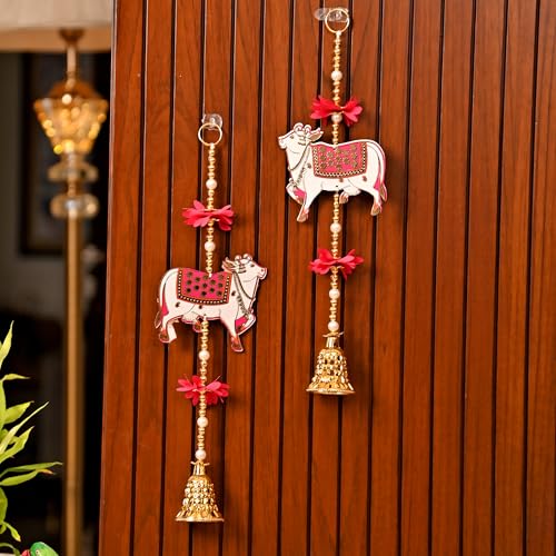 Image of CraftVatika Pichwai Cow Wall Decor Hanging Latkan for Door Wall Decoration, Diwali Decor Items Diwali Decoration for Home, Festive Decor Items, Pichwai Backdrop Cow with Bell Hanging 14.5 Inch Height