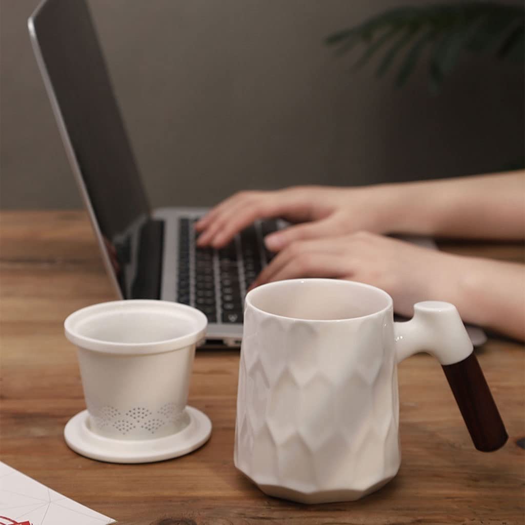 HSQMA Taza De Té De Mango De Madera Taza De Té De Cerámica Grande Estilo Chino con Infusor Y Tapa,Taza De Infusor De Porcelana Fina For El Regalo De La Vida Laboral, El Día De Las Madres
