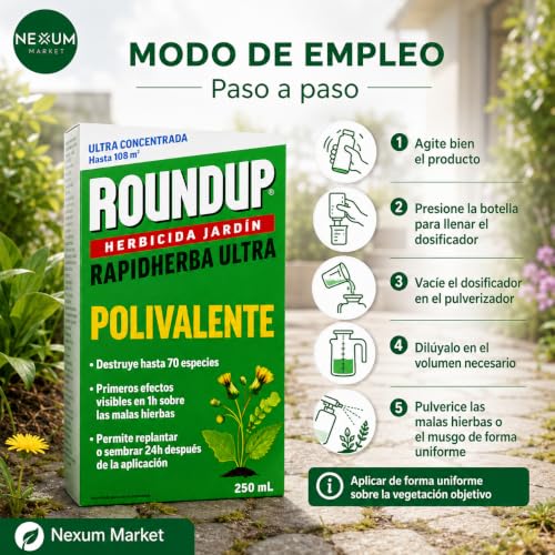 Miniatura 3 de Roundup Herbicida Para Todo Tipo De Malas Hierbas Cubre Hasta 108 M2 250ml Para 5 Litros De Agua Formula Concentrada Efectos En 1 Hora Elimina Hasta 70 Especies De Hierbas Musgo Nexum Market
