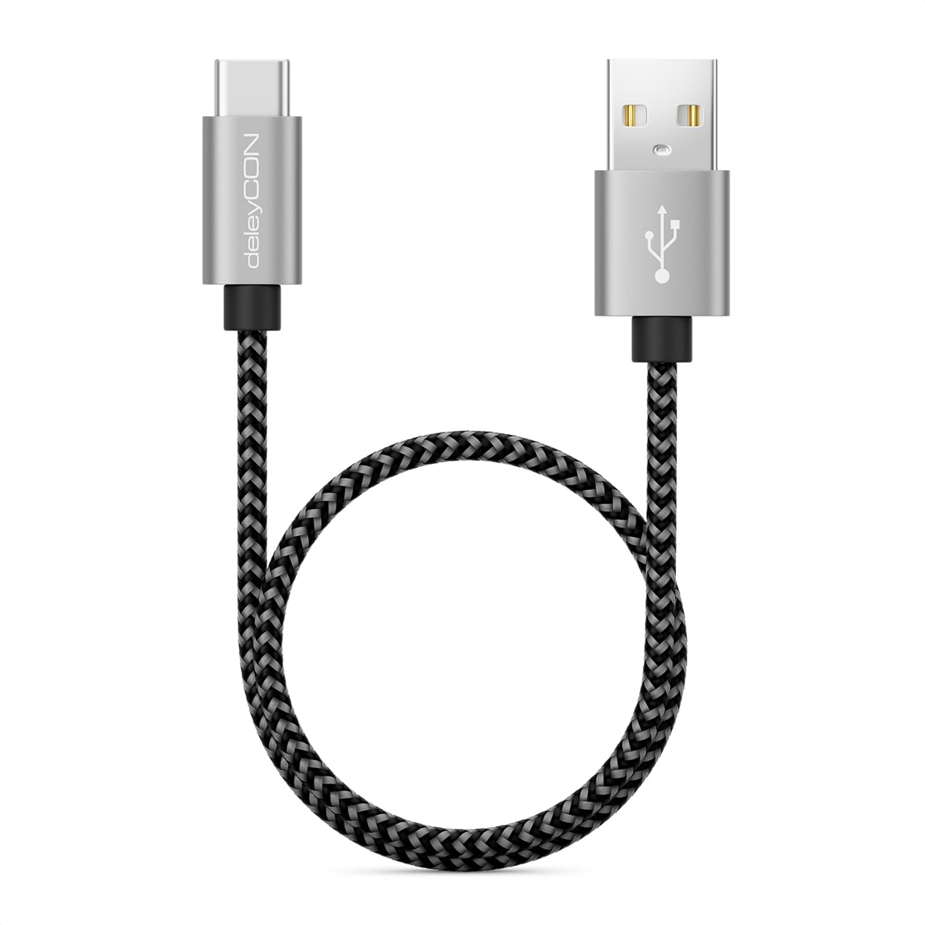 deleyCON 0,30m Nylon Cavo USB-C 30 cm Corto Cavo di Ricarica Cavo Dati USB Tipo C Spina in Metallo Ricarica e Sincronizzazione di Telefono Cellulare e Smartphone