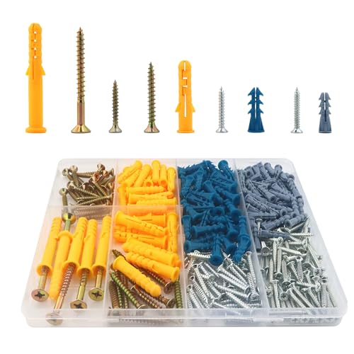 HANLATO Dry Wall Anchors and Screws Kit 300PCS Self Drilling Wall Anchors and Screws for Drywall, Sheetrock, 5 Sizes Galvanized Screws and Wall Plug Bolts with Organizer Box