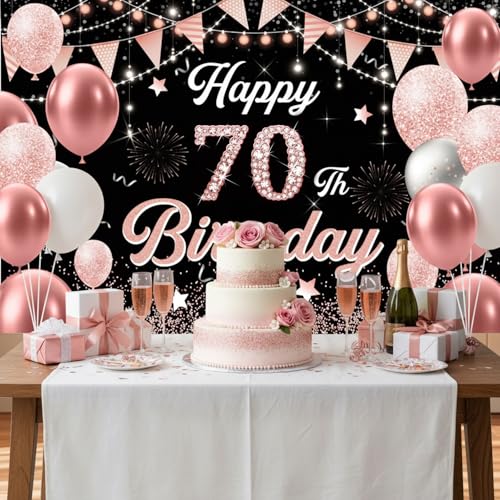 Image of 70th Birthday Decorations for Women - Happy 70th Birthday Banner Decorations Cheers to 70 Years Birthday Party Indoor and Outdoor Decoration Suppiles Pink Backdrop for 70th Birthday Party Favors Decor
