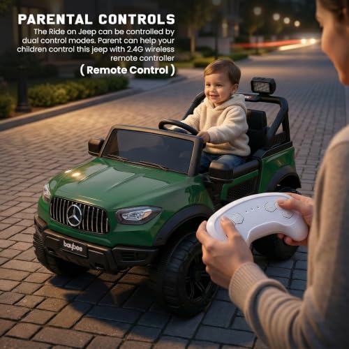 Image of Baybee BeastX Battery Operated Jeep for Kids with Parental Control | Baby Ride On Electric Car with RGB Lights, Music & Swing Mode | Rechargeable Battery Car for Kids 2 to 6 Years (Green)