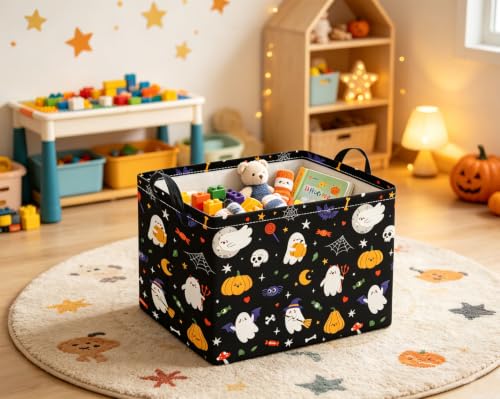Image of Rectangular Halloween Basket for Boys and Girls Kids Trick or Treat Pumpkin Basket for Halloween Parties Cute Storage Bin Organizer Box Room Decor(Black Halloweens)