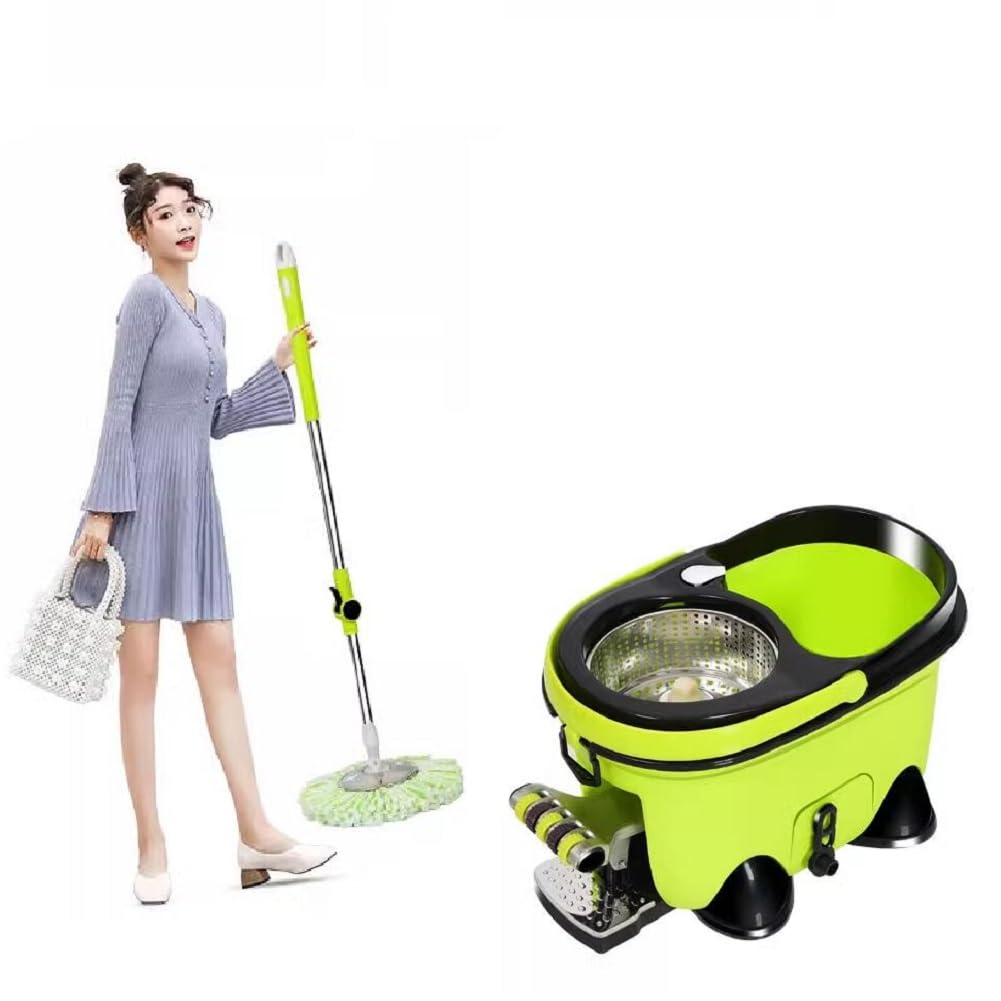 Juego De Cubo De Fregona para Suelos Giratoria con Pedal - Mango Telescópico 111-132Cm - Juego De Fregona Y Cubo, Mopas De Limpieza De Suelos con 4 Almohadillas De Microfibra,Verde