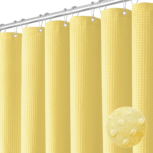 Dynamene Yellow Fabric Shower Curtain - Waffle Weave Textured Heavy Duty Cloth Shower Curtains for Bathroom 256GSM Hotel Luxury Weighted Bath Curtain Set with 12 Hooks 72x72 Yellow