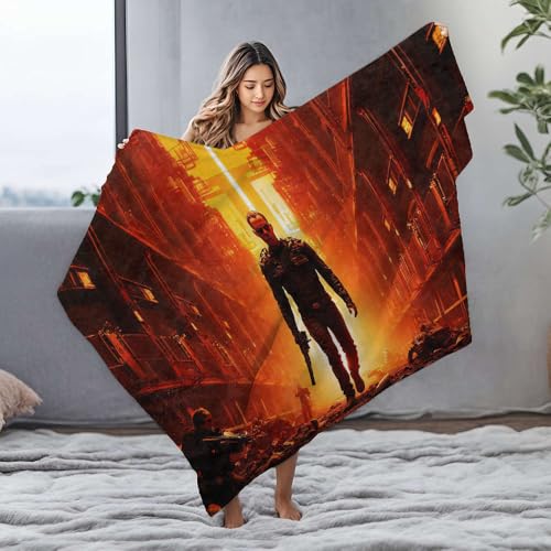 PKRD Manta blanca Un hombre camina por un paisaje urbano distópico, armado y determinado. Manta de franela con cenicero para cama (127 x 100 cm)