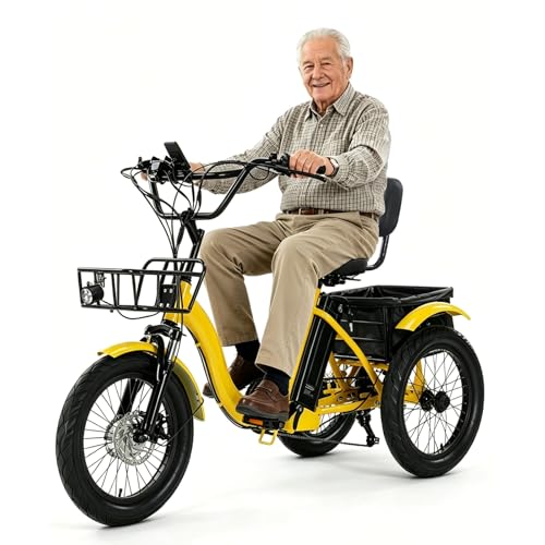 HZWJD Triciclo Eléctrico Plegable para Adultos,Bicicletas Eléctricas,Bicicleta De Tres Ruedas De 18 Pulgadas,Cesta De Almacenamiento De Gran Capacidad,Batería Extraíble Yellow 13Ah