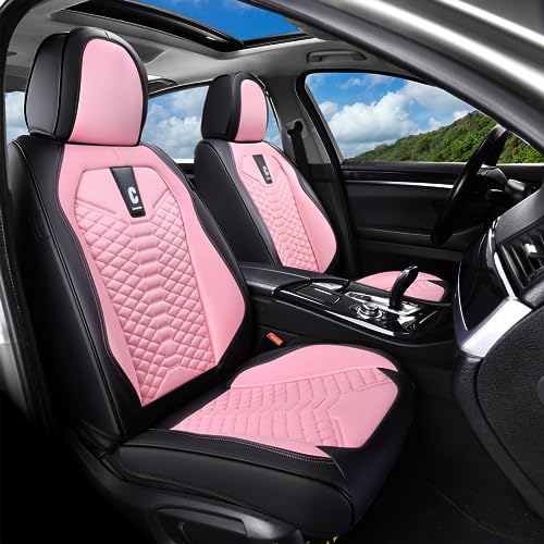 Image of Coverado Front Seat Covers, 2 PCS Pink Seat Cover for Cars, Breathable Fabric& Faux Leather Seat Cover, Driver Seat Cushion, Car Seat Protector Universal Fit Most Cars, Trucks, SUV