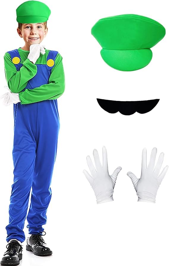ATOWORLD Mario Costume Kids 3-12 Years Boys Girls with Accessories Hat Moustache Gloves Luigi and Mario Costume Outfit Fancy Dress Up Outfit Suit for Halloween Carnival World Book Day Cosplay