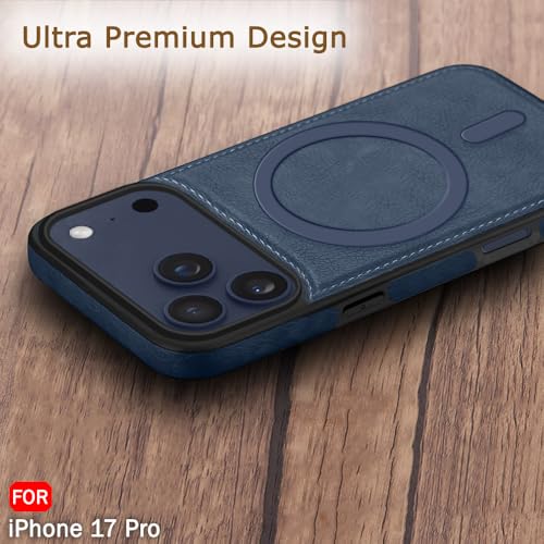 Image of TheGiftKart Genuine Leather Finish Back Cover Case for iPhone 17 Pro | Shockproof Design | Raised Edges for Camera & Screen Protection | Stunning Minimalist Design Cover (MagSafe Compatible, Blue)