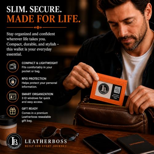 Image of LB LEATHERBOSS Slim Thin Leather Credit Card Triple ID Window Mini Wallet Bifold Driver License Safe (Orange)