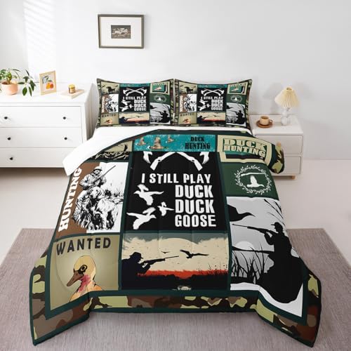 Image of Feelyou Kids Duck Hunting Comforter Set Full Size, Green Duck Bedding Set Hunting Fishing Comforter for Kids Boys Girls Wildlife Duvet Insert Room Decor with 2 Pillow Case