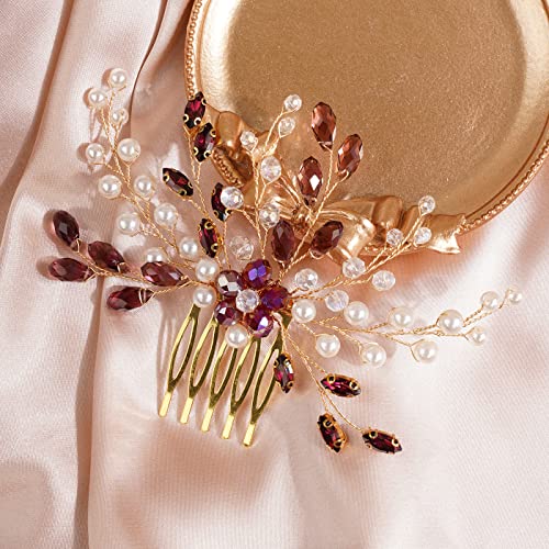 Peine para cabello con cristales y perlas color vino tinto miniatura 2